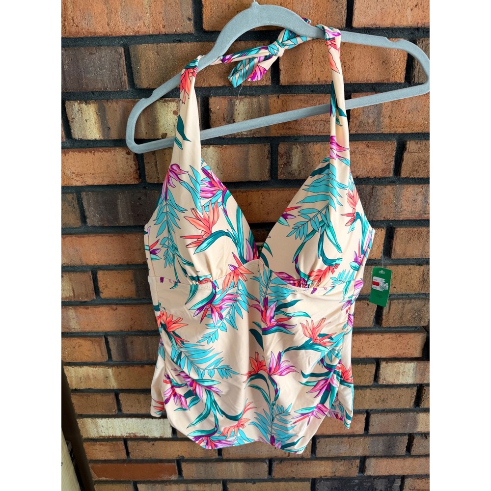 Dip Island Escape Women's Tropical Floral Halter Tankini Top Large NWT